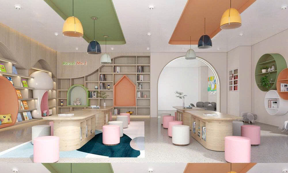 Góc đọc sách với tủ sách và ghế ngồi độc đáo